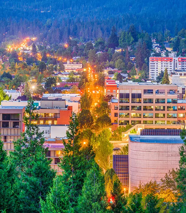 Eugene, Oregon, USA downtown cityscape at dusk.